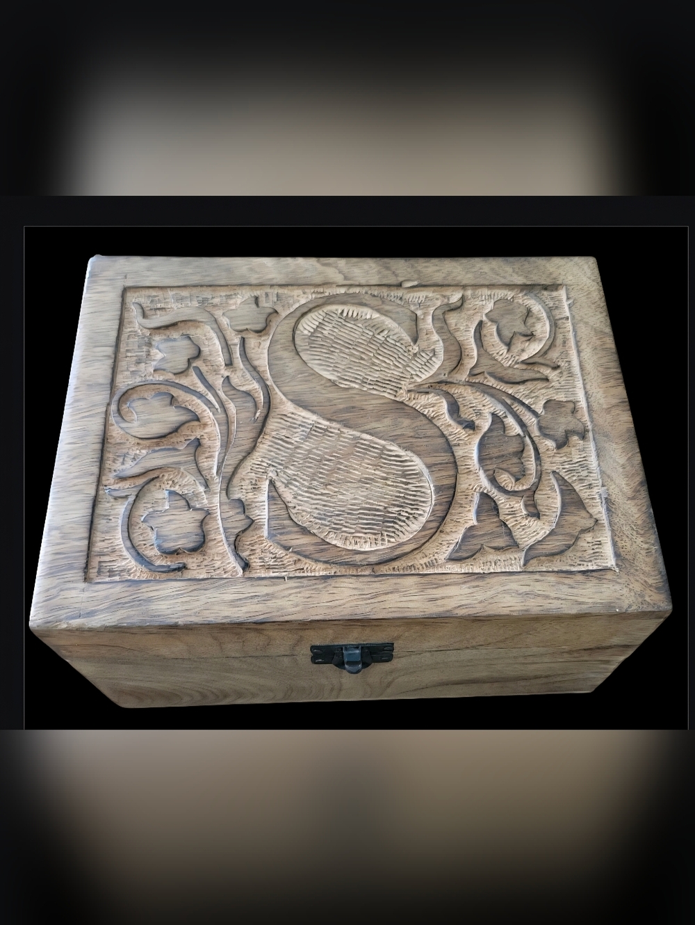 Hand-Carved Wooden Keepsake Box in Natural Wood with Clasp